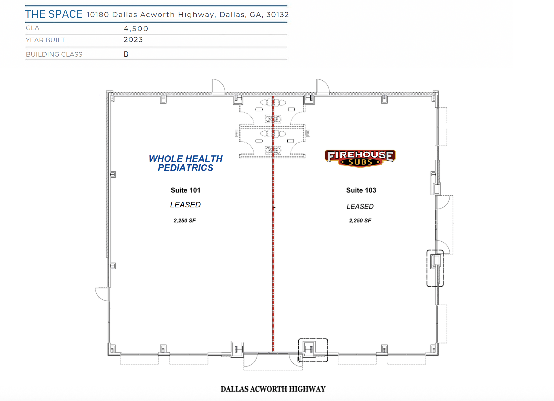 Plan for 10180 Dallas Acworth Highway showing Whole Health Pediatrics and Firehouse Subs as leased tenants